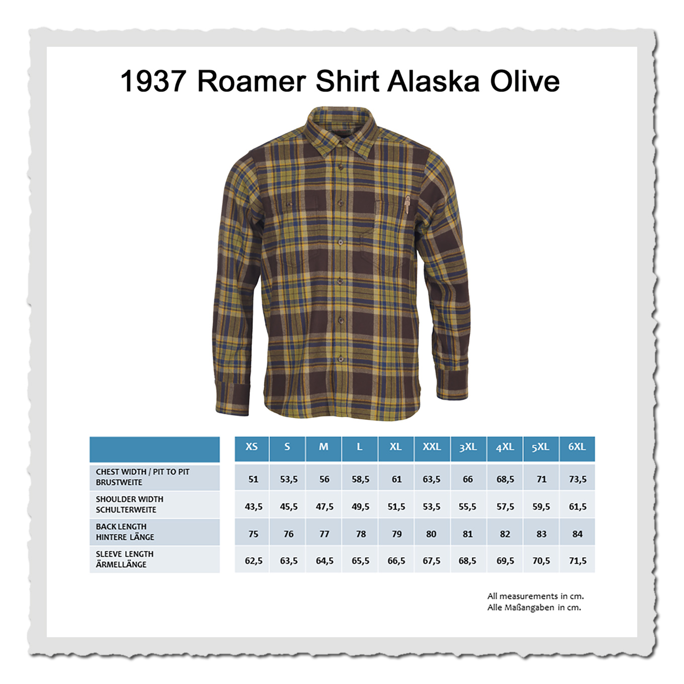 Größentabelle für das 1937 Roamer Shirt mit Brustweite, Schulterweite, Rückenlänge und Ärmellänge in Zentimetern.